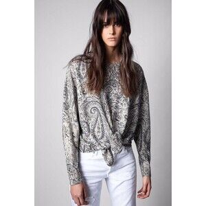 ZADIG VOLTAIRE Sweater Womens Medium Gray Paisley Pullover 100% Merino Wool RUBY
